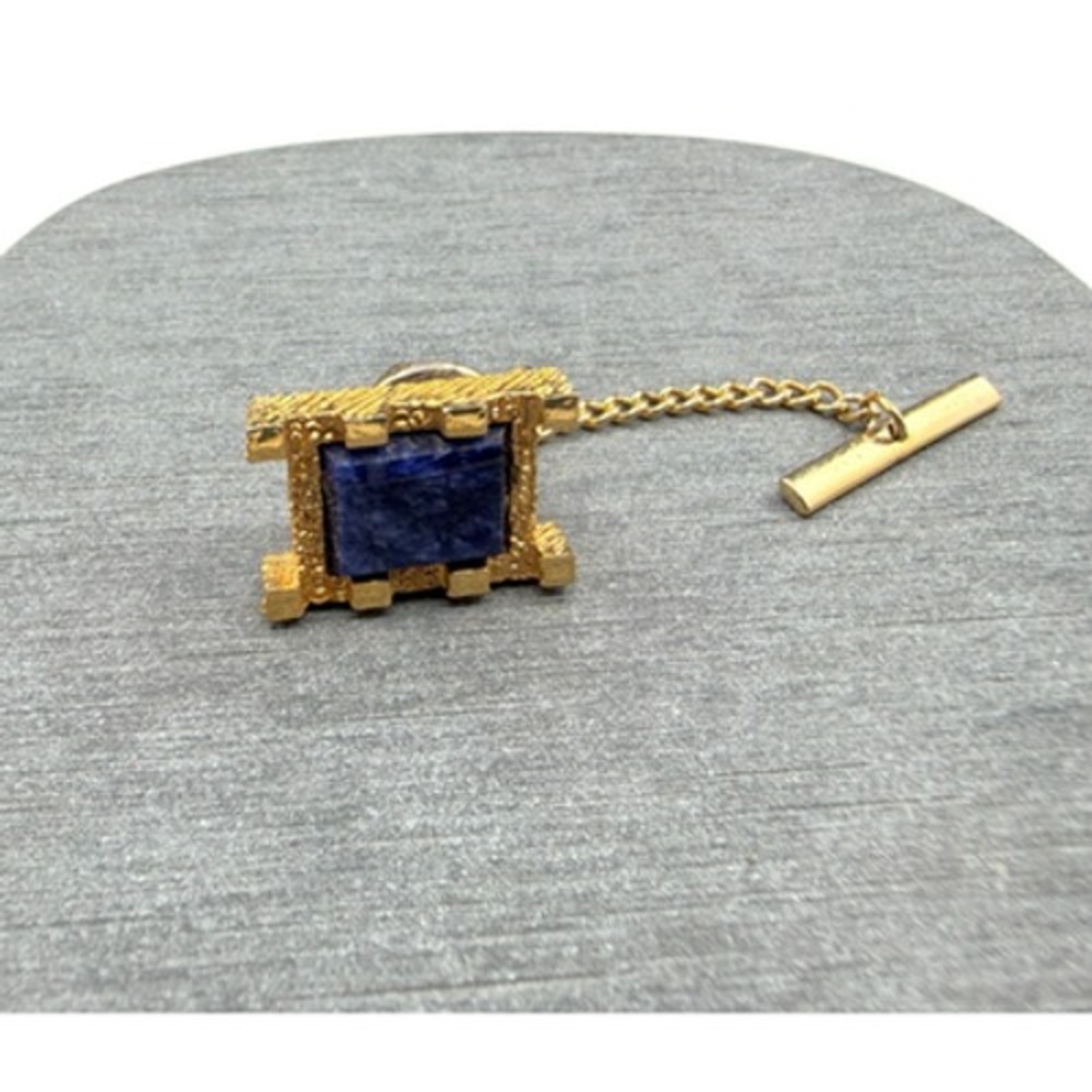 Gold Tone Blue Stone Tie Tack Lapel Pin Textured Square Chain Bar Gift for Him